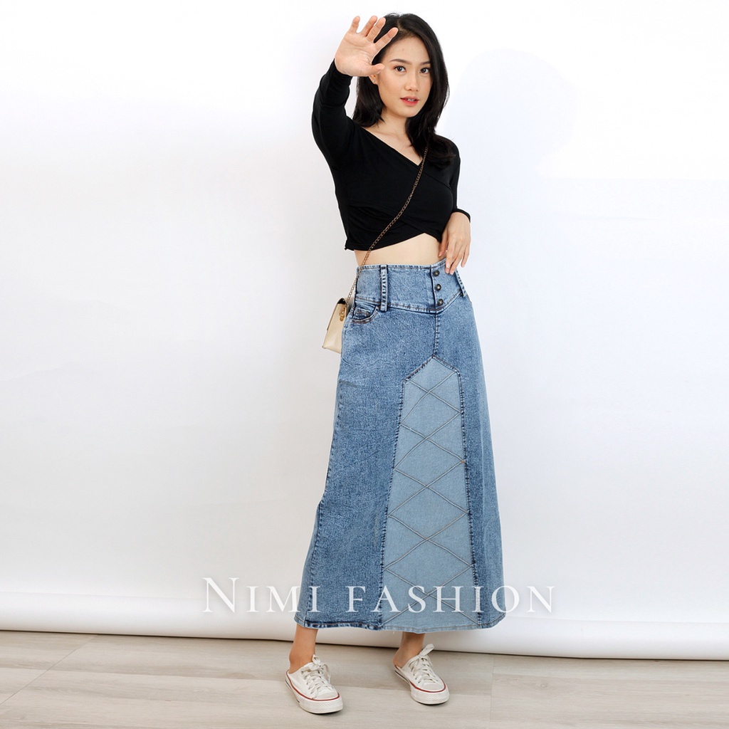 NIMI - Rok Jeans Stretch Panjang Wanita Rok Jeans Highwaist Premium