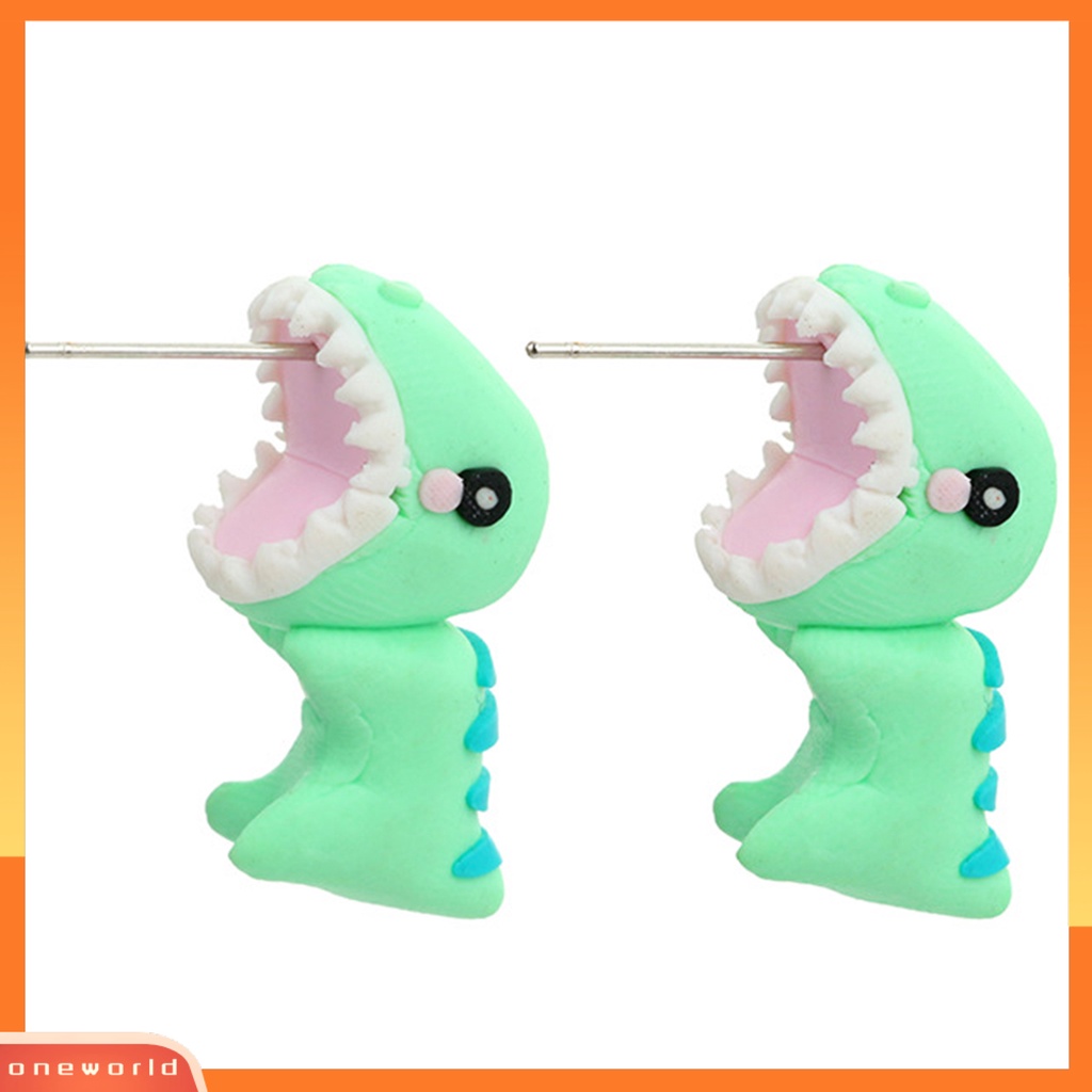 [WONE] Wanita 3D Kartun Dinosaurus Menjuntai Hewan Gigitan Polymer Clay Stud Earrings Untuk Pesta