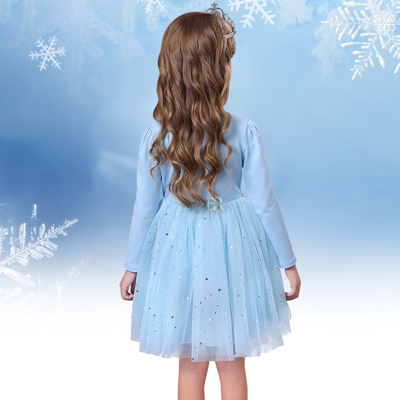 LNR Shop Free Tongkat Sihir + Mahkota Gaun Musim Gugur Anak-anak untuk Anak Perempuan Motif Frozen Elsa Lengan Panjang Dengan Rok Tutu Gaun Putri Carttom Frozen Elsa Gaun Pesta Pakaian Anak-Anak Gaun Summer