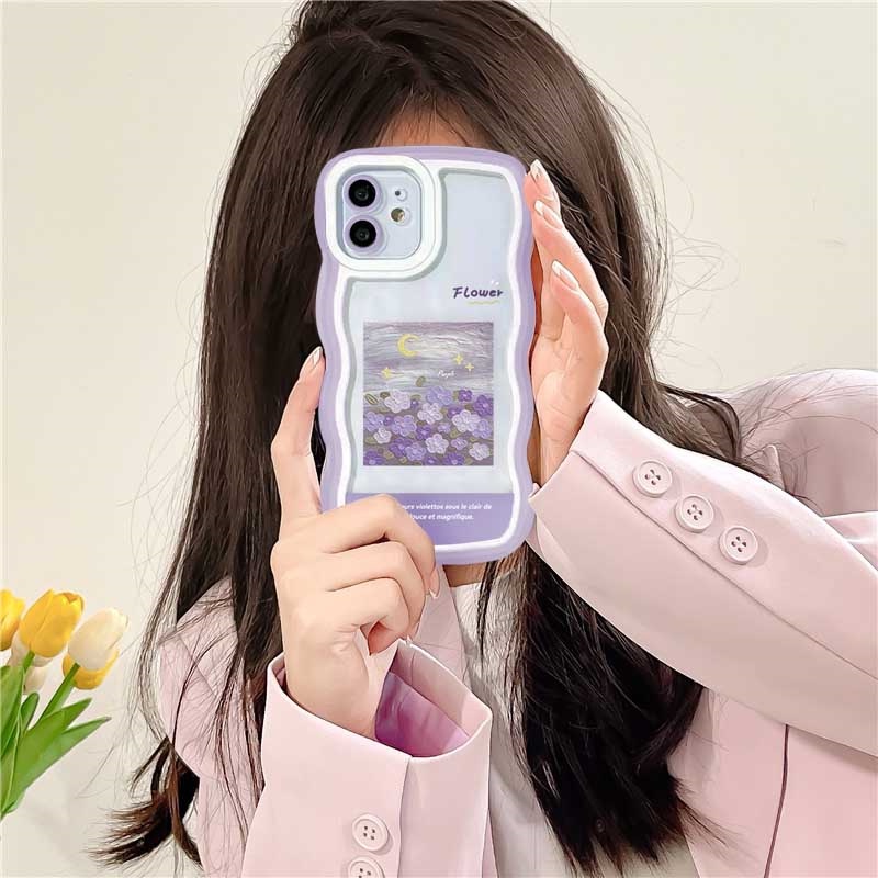 Oppo A17 A16 A57 2022 A15 A16K A54 A53 A12 A5S A7 A3S A11k A31 A52 A92 A94 A93 A37 F9 A1K A76 Lukisan Minyak Bunga Ungu Gelombang Pinggir TPU Phone Case Cover