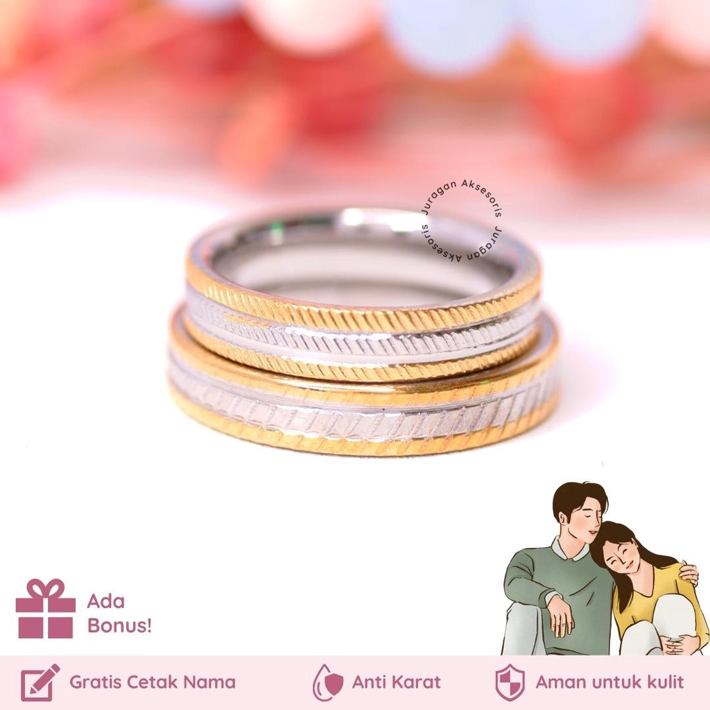 [GRATIS CETAK NAMA] Cincin Couple Romantis Ailoviu Titanium Anti Karat M118 Hadiah Tunangan Pasangan Pria Wanita Perak Platinum Paladium Emas Putih Silver Gold