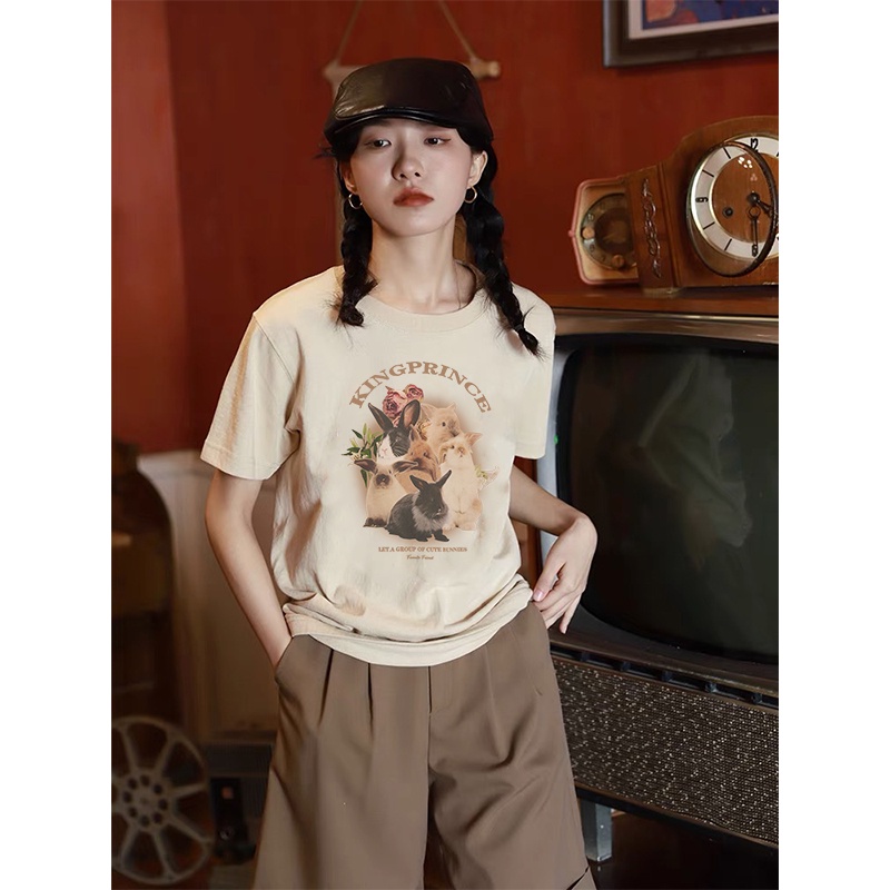 [chaoo.id]3 warna 100% Katun Graphic Tee Baju Wanita Cute Rabbit Atasan Wanita Oversize Kaos Putih T-shirt Couple Korean Style