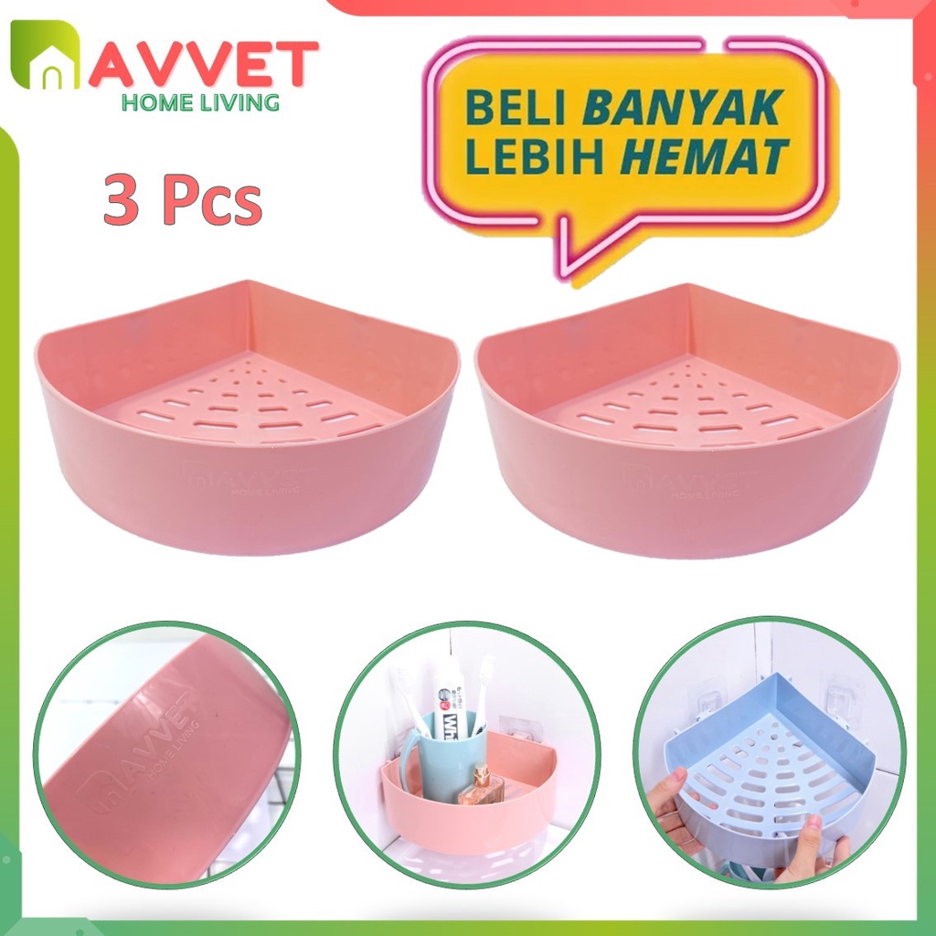 AVVET (PAKET HEMAT) Rak Kamar Mandi Sudut Siku Tempel Plastik Pink 3Pcs