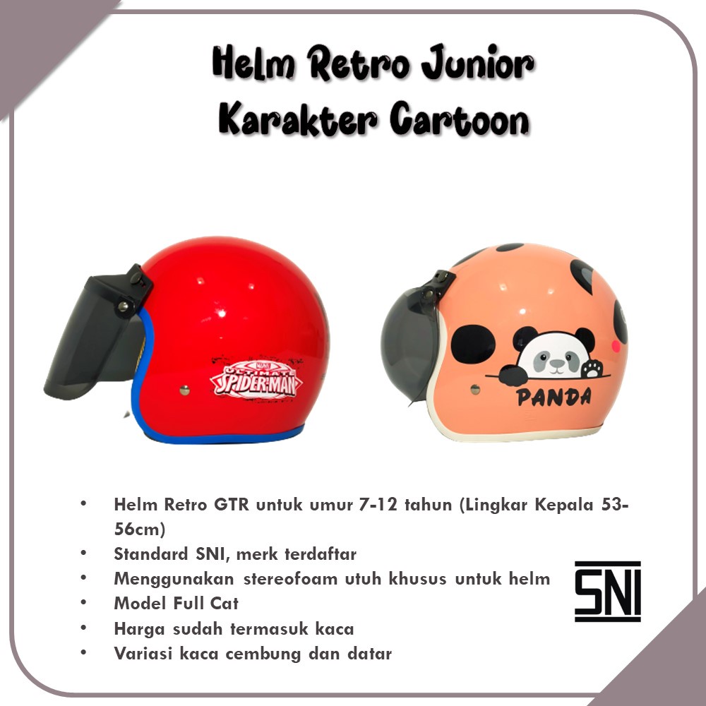 Helm Retro Junior Full Cat Motif Karakter Lucu Unik Murah Plus Kaca Cembung atau Datar