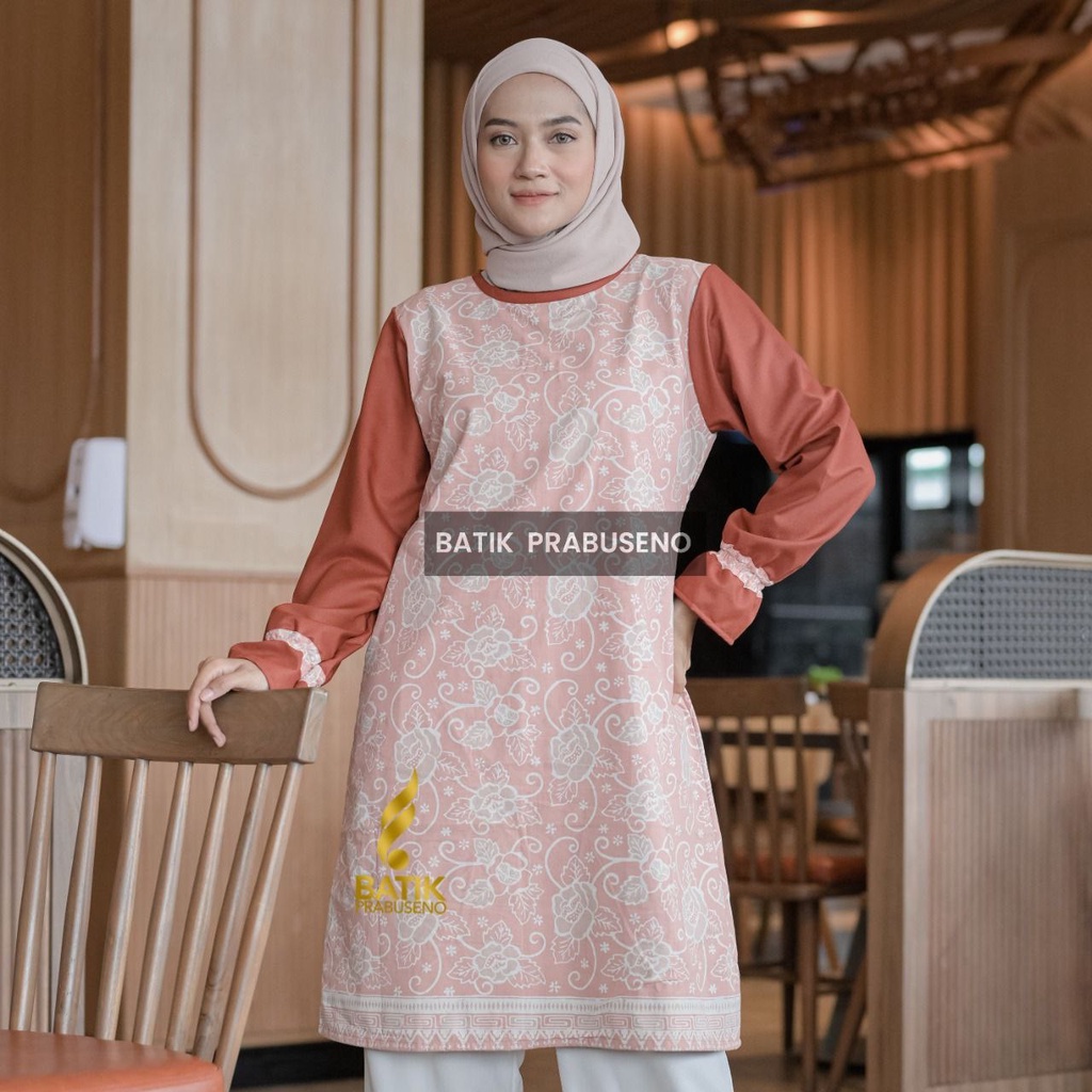 EVINDA Tunik Batik Wanita Prabuseno Modern  Lengan Panjang Katun Premium Modern Kerja Kantoran Ori R
