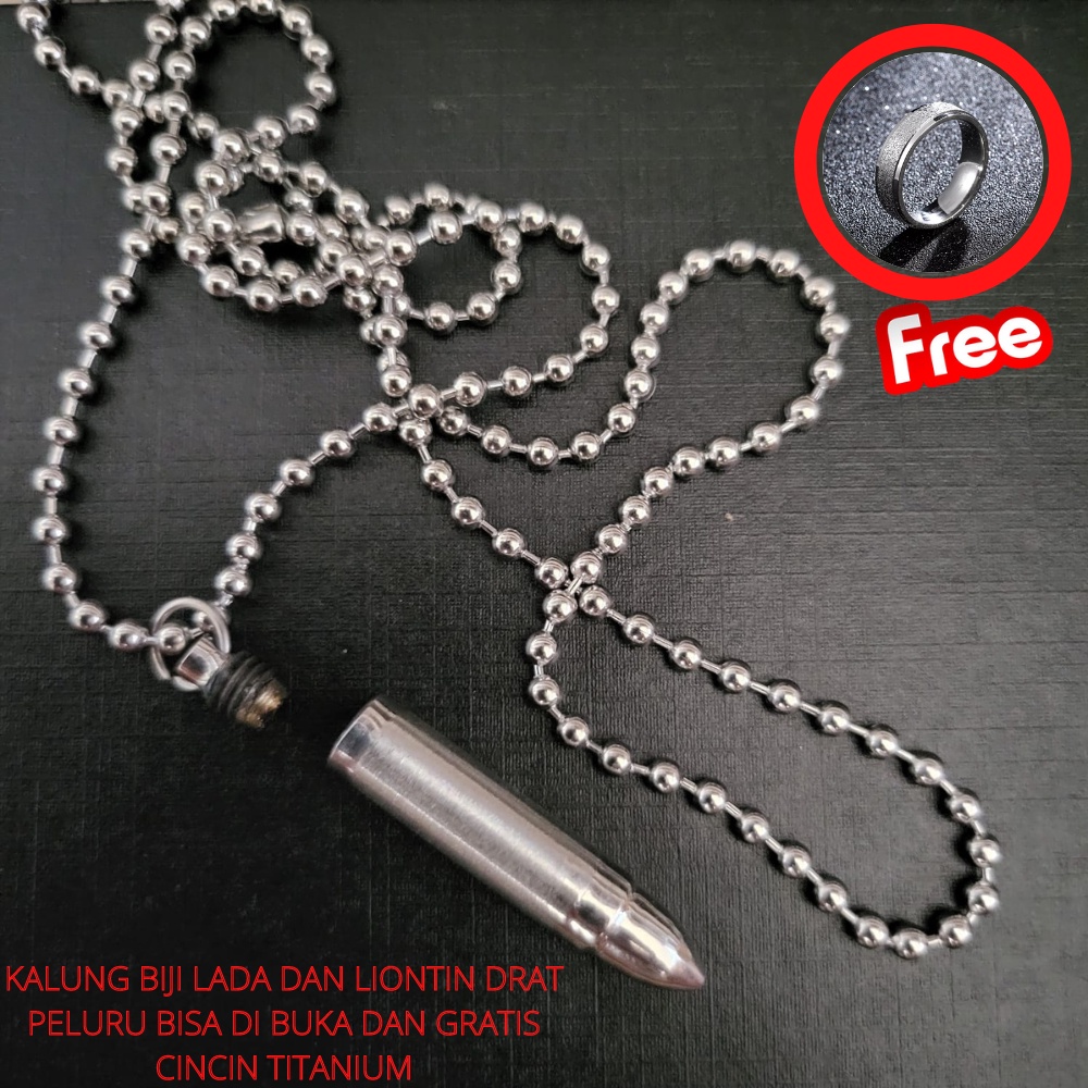 Kalung pria(Kalung Rantai Biji Lada Bandul Peluru Drat bisa di buka dan Free cincin Titanium