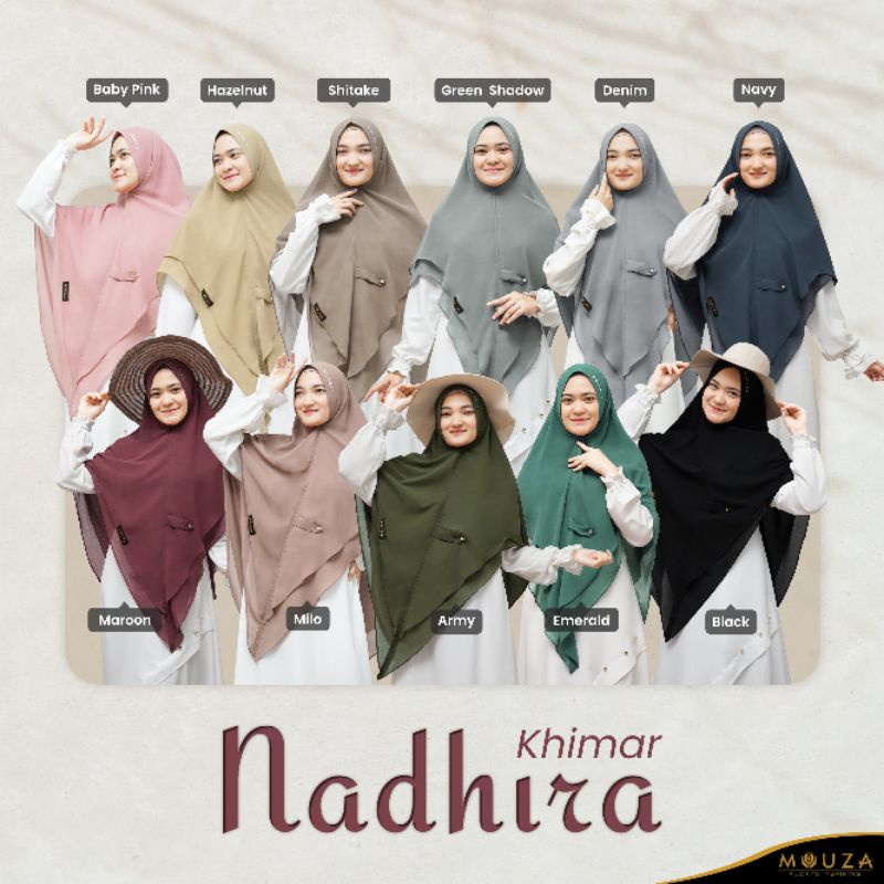 Nadhira Khimar Mouza Ceruty Baby Doll - 2 Layer, Scoder, Kancing Gold, Swarovski - 11 Varian Warna