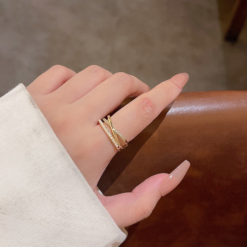 Hadiah Yang Indah Wanita Fashion Perhiasan Korea Super Peri Temperamen Pesta Rings Elegan Sederhana Wanita Double-layer Mutiara Jari Cincin Adjustable Open