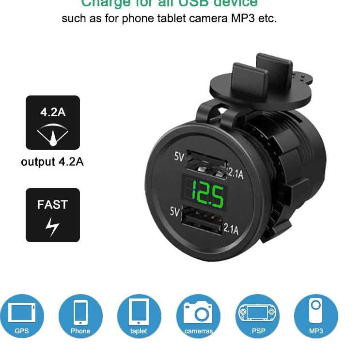 Super Delivery USB Charger 2 Port 4.2A Dengan Voltmeter Untuk Motor dan Mobil