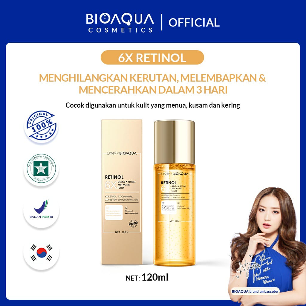 BIOAQUA 6X Gentle-A Retinol Toner Wajah Anti Aging Hydrating Toner 120ml untuk Menyamarkan Kerutan dan Mencerahkan With Retinol,