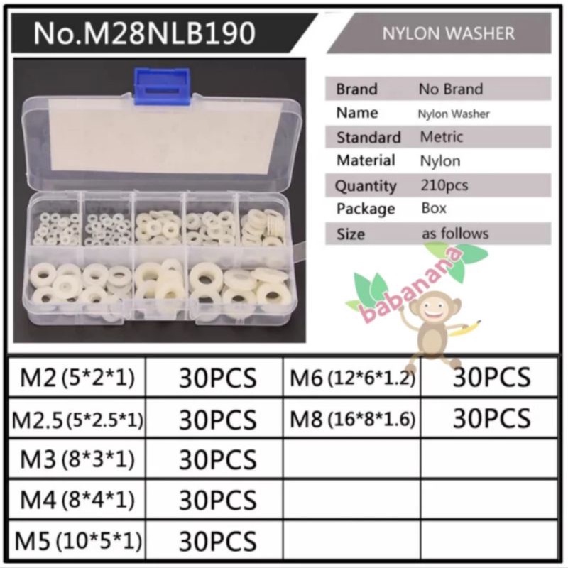 210pcs flat washer nylon ring cincin rata gelang plastik putih kit set