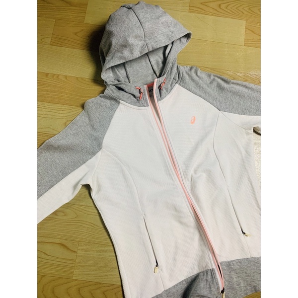 ASICS ORIGINAL RUNNING SPORT JACKET THRIFT - JAKET OLAHRAGA WANITA REMAJA PUTIH ABU ABU - JAKET LARI HOODIE