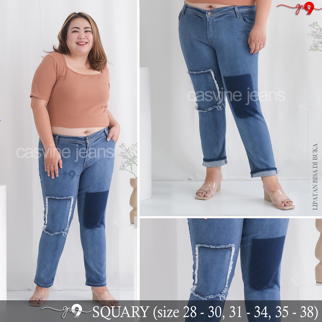 CASVINEJEANS || Celana Jeans Wanita Squary Patch Lipatan Bisa Dibuka Bigsize Jumbo Mom Jeans