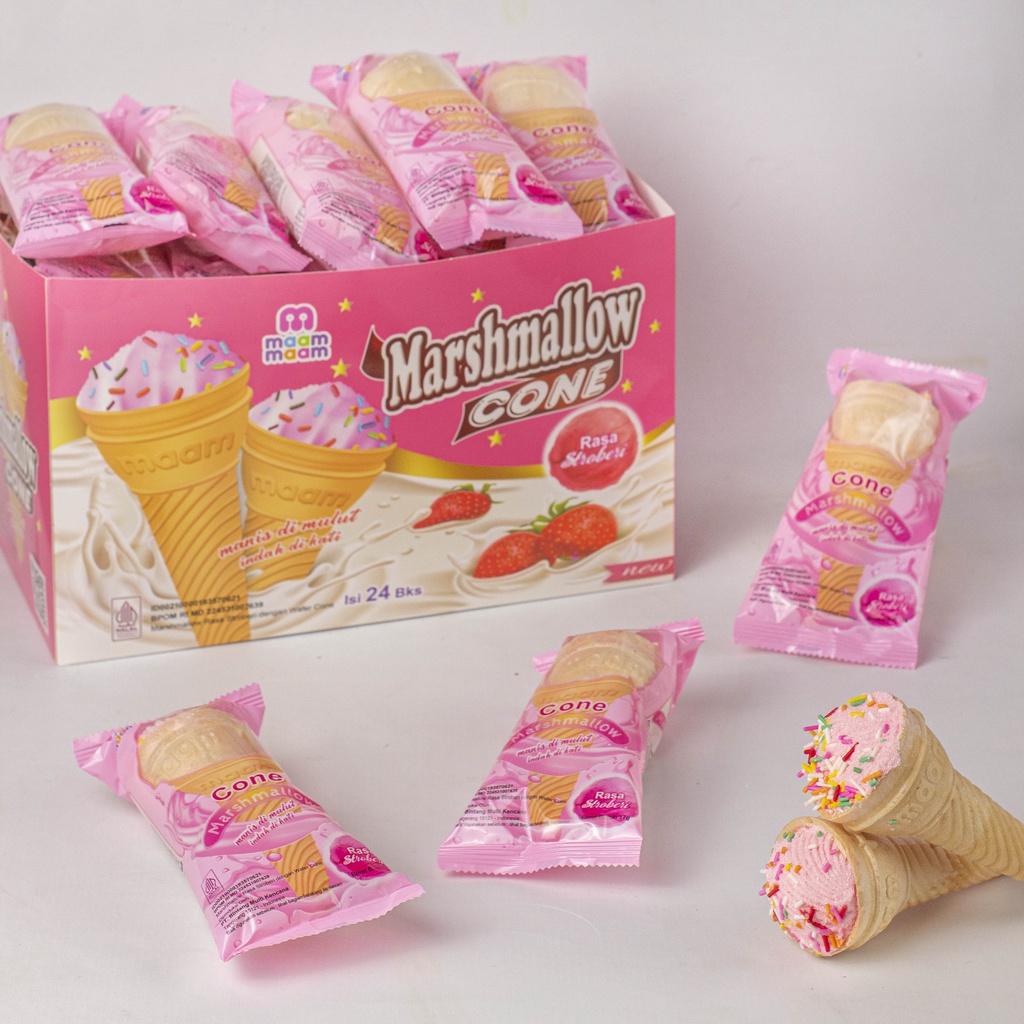 

MAAM MARSHMALLOW CONE RASA STRAWBERRY/ PERMEN MARSHMALLOW DENGAN WAFER CONE 1 PACK ISI 24PCS