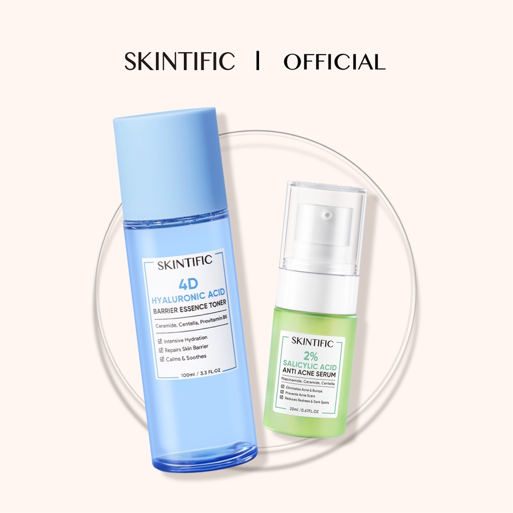 SKINTIFIC 2pcs Set | Hydration Toner & Toner 4D Hyaluronic Acid Barrier Essence Toner 100ml + 2% Salicylic Acid Anti Acne Serum 20ml