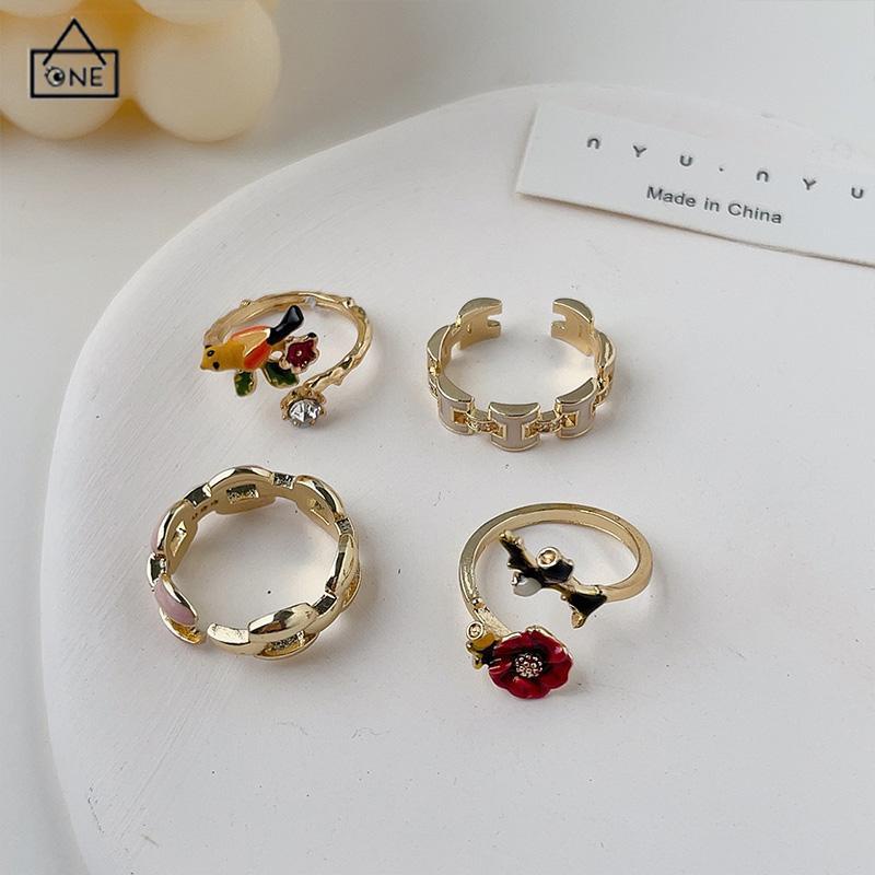 COD❤️Cincin Model Terbuka Bahan Alloy Desain Bungaburung Hias Berlian Imitasi Untuk Wanita Aksesori Cincin Serbaguna-A.one