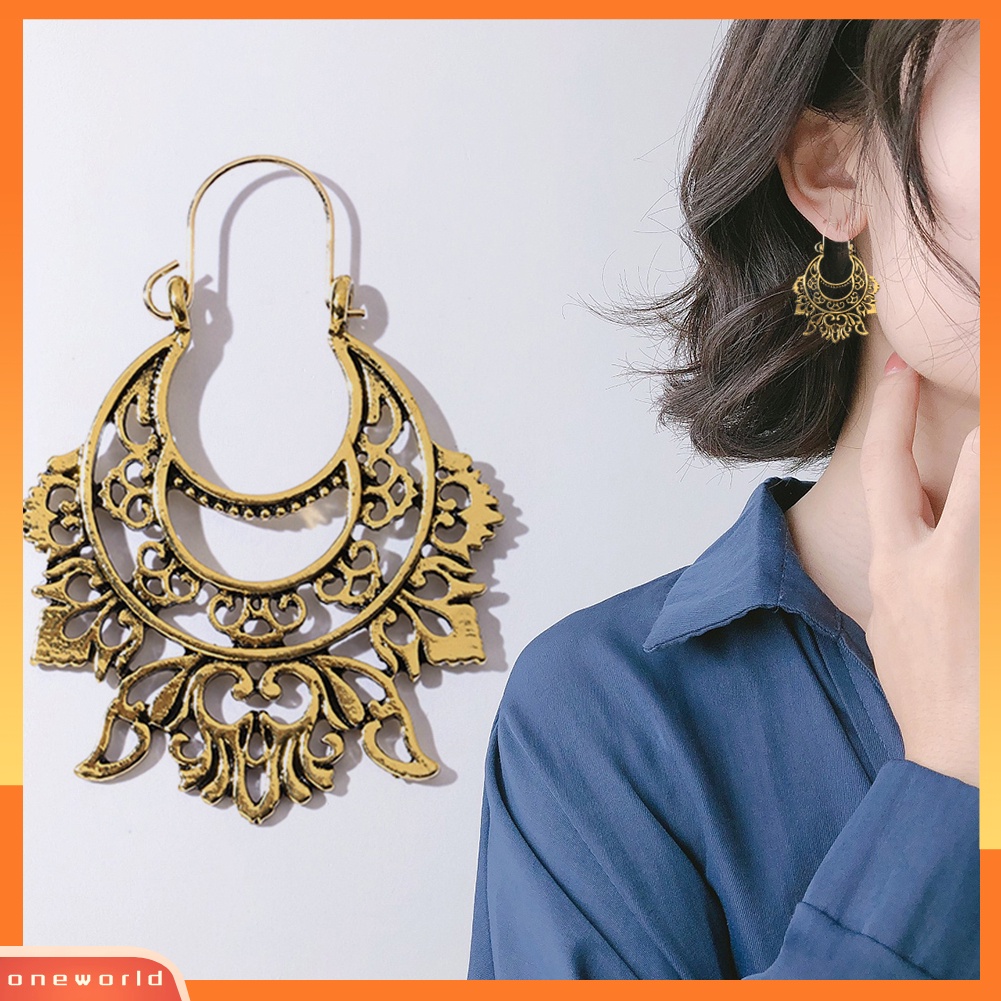 [WONE] Vintage Wanita Setengah Lingkaran Berongga Keluar Terukir Berlebihan Anting Perhiasan Hadiah