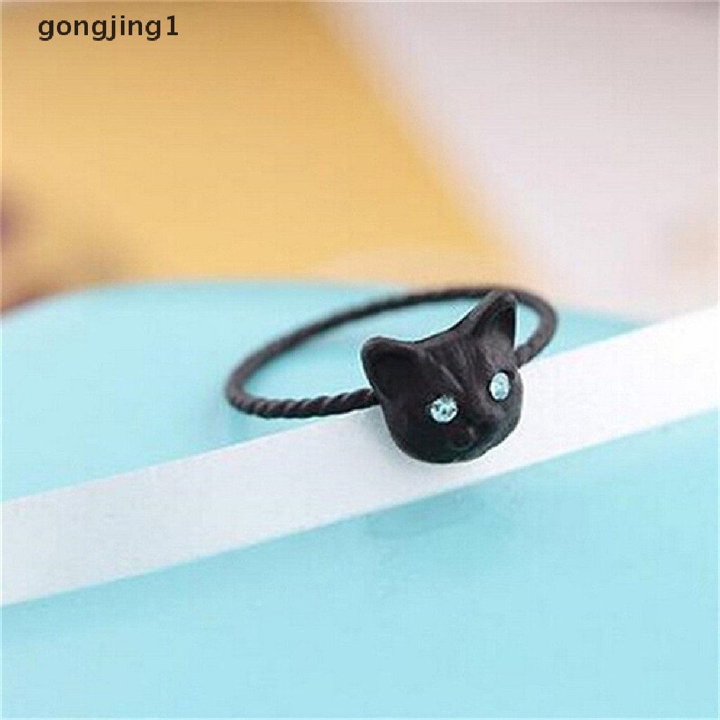 Ggg 1Pc Wanita Mini Indah Kucing Berbentuk Cincin Berlian Imitasi Studd Ring Hitam Emas Perak ID