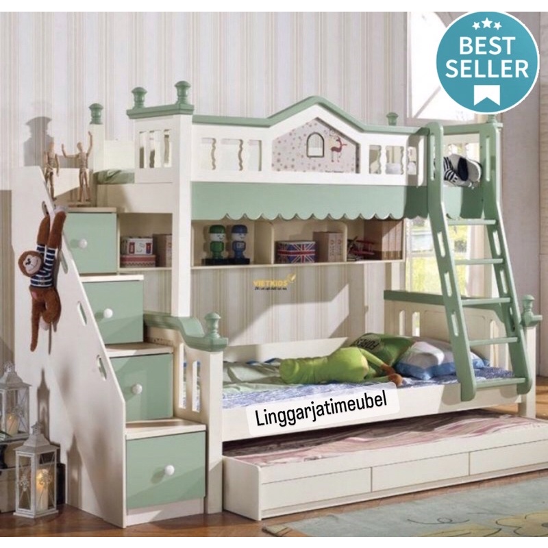 Tempat tidur tingkat anak perempuan dewasa kayu 3 susun dipan tingkat anak minimalis dipan susun ran