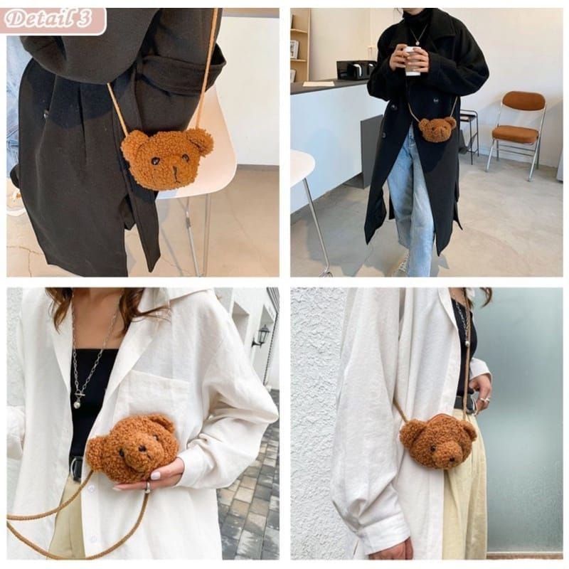 Tas Selempang Kepala Tedy Bear / Tas Bahu Mini / Tas Selempang Boneka Bulu