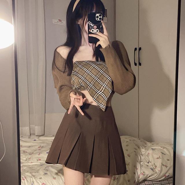 Suhao one-piece suit rusa coklat manis ~ Korea retro keinginan murni gadis panas kotak-kotak tanpa tali kamisol + rok khaki