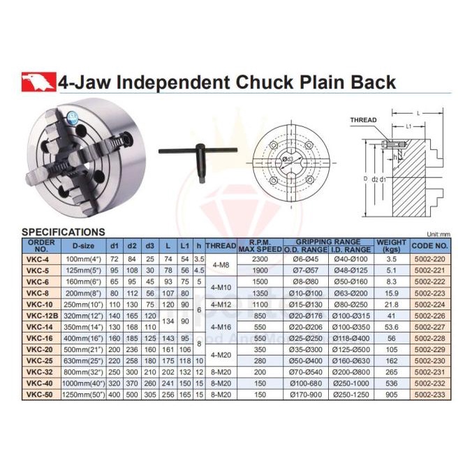 VERTEX 4 Jaw Chuck VKC-4A Chuck Bubut 4" 4 Jaw Independent selalu promo
