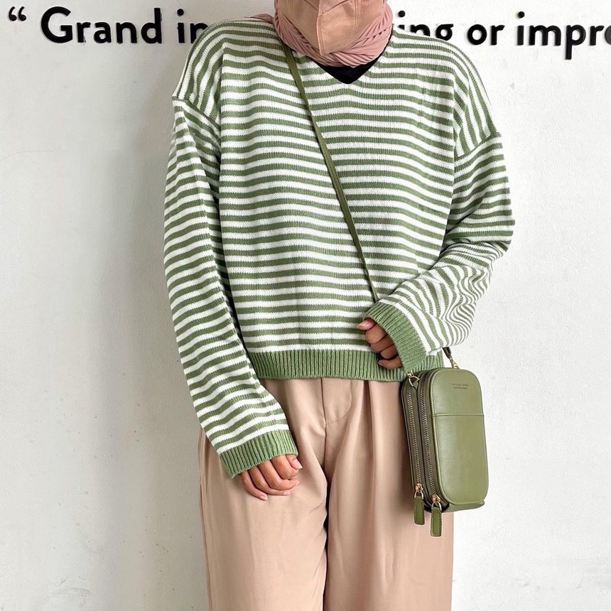 Sweater Rajut Stripe Crop Oversize V Neck Wanita  Knit Blouse Belang