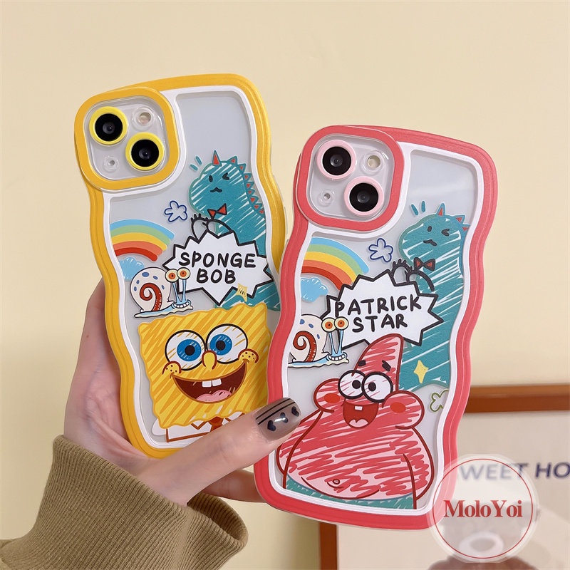 IPHONE Casing Couple Case Kompatibel Untuk Iphone11 12 14 13 Pro Max 6 6s 8 7 Plus 14Plus XR X XS Max SE 2020kartun Lucu Kartun SpongeBob Patrick Star Dinosaurus Wavy Edge Soft TPU Back Cover