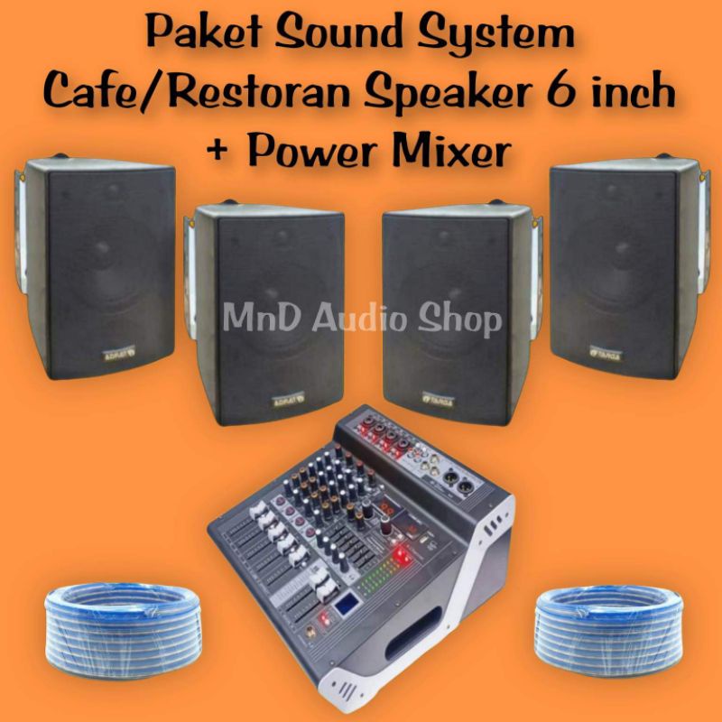 paket sound system speaker cafe 6inch 4titik + power mixer 4 channel