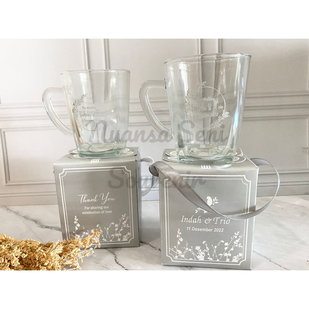 Souvenir Gelas Minum Kopi 260ml Mug Gagang Cup Kaca Kotak Cangkir Sablon Kemas Paper Box Custom