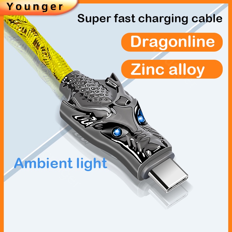 33w Zinc Alloy Dragon Charging Cable 7warna RGB Kabel Pengisian Super Cepat Untuk i-Phone Tipe c Android Micro Usb Data Line