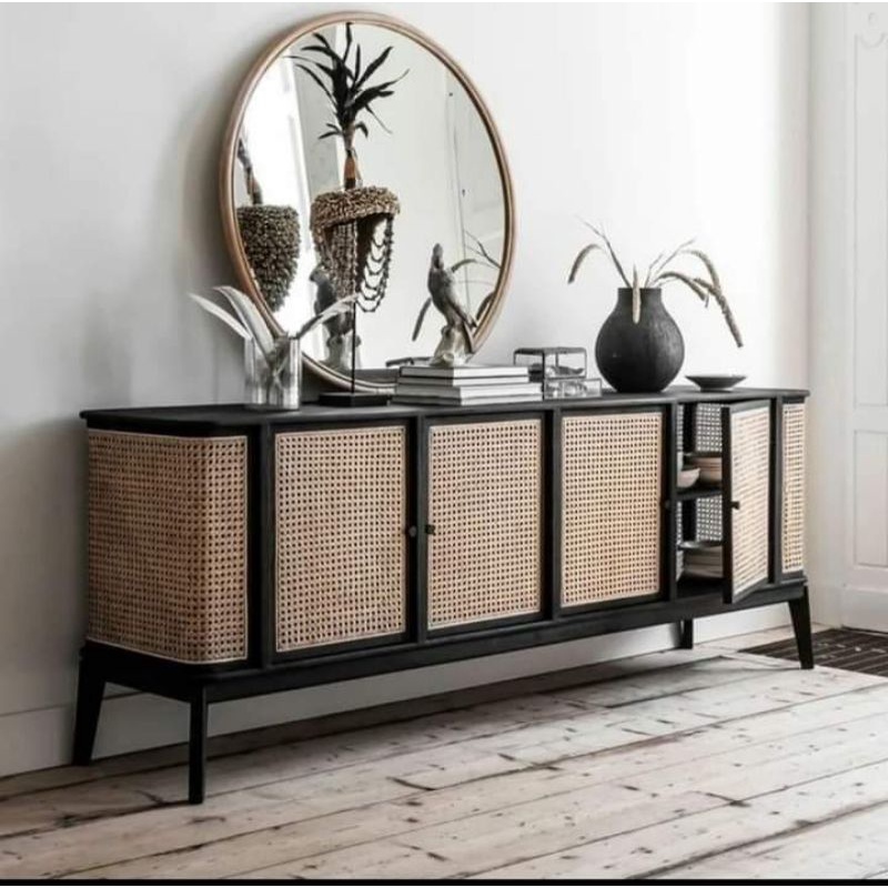 meja tv minimalis kayu mahoni kombinasi rotan