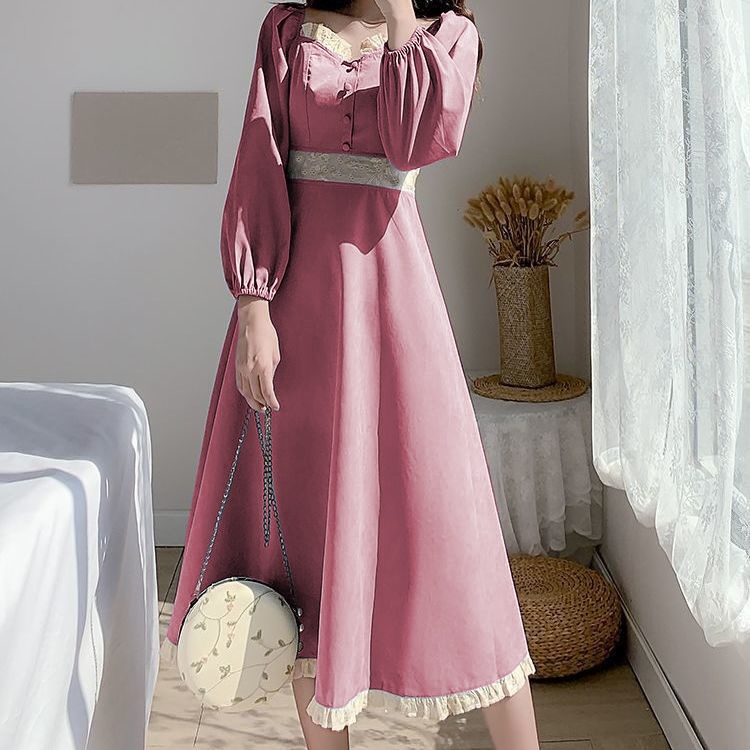 Long Dress Wanita Lengan Panjang Model Retro  A-Line Untuk Musim Semi