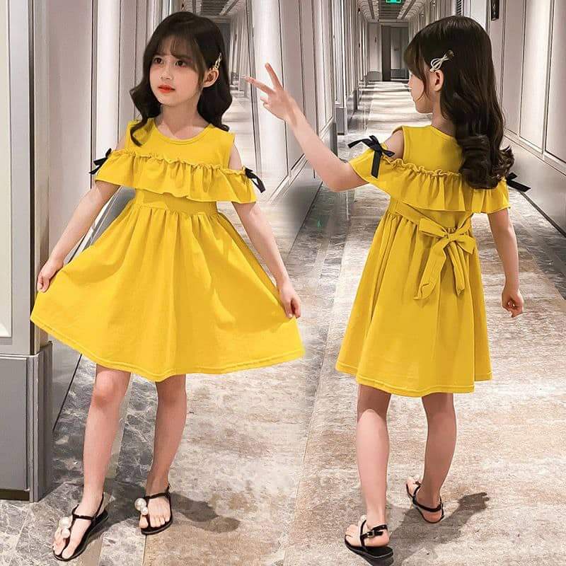 Dress Anak WArna Kuning Model Pita Rempel Gaun Anak Yellow Ribbon Baru