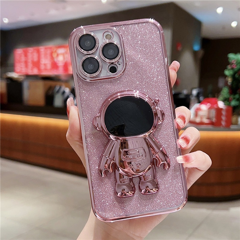 IPHONE Luxury Silikon Transparan soft shell phone case Kompatibel Untuk Iphone14 13 12 11promax Dengan film Pelindung Lensa Berdiri Untuk Ponsel Astronot Independen casing Tahan Guncangan
