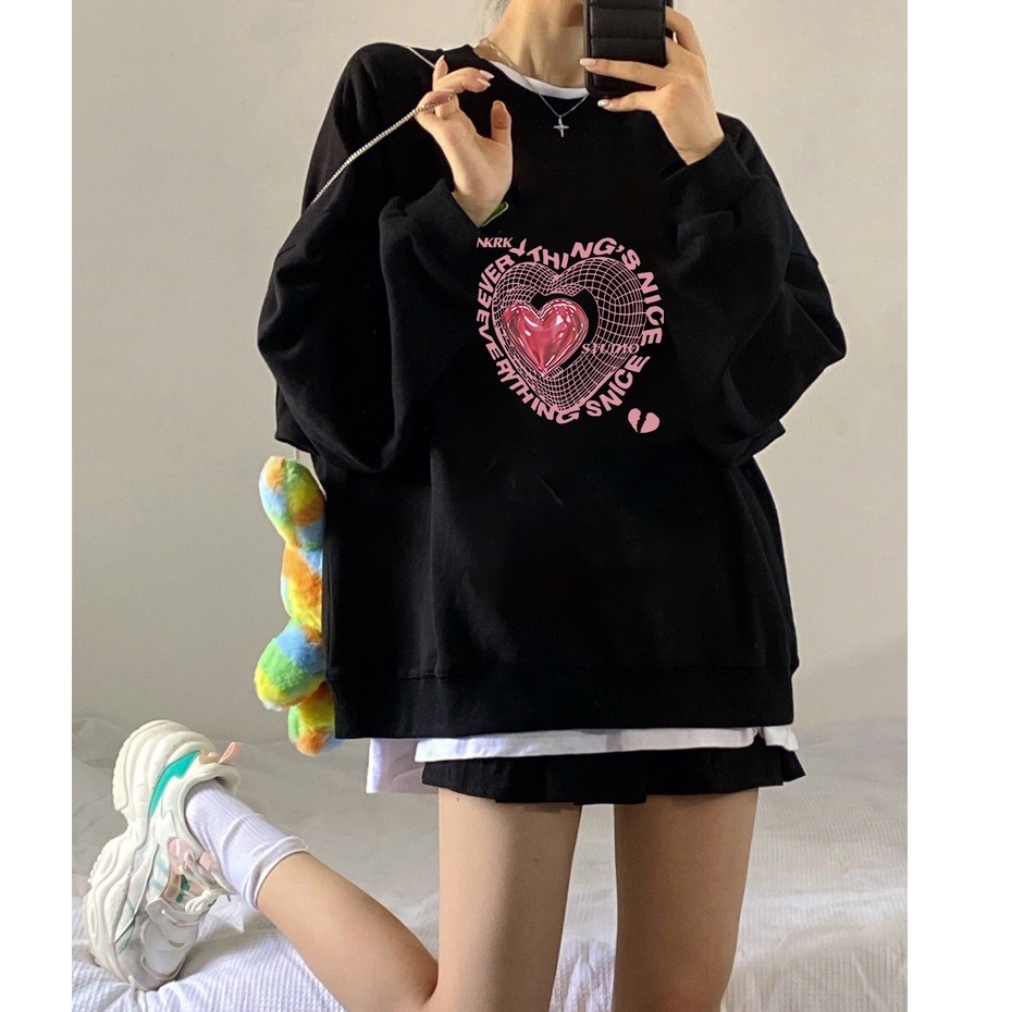 Sweater pink love kaos oversize baju korean style wanita ootd A0112