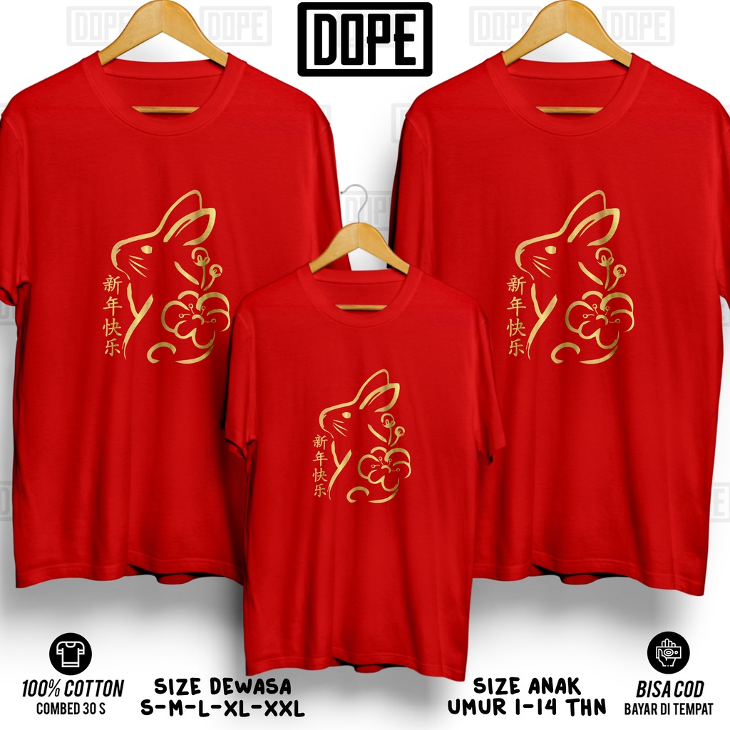 kaossablonsaya Kaos Baju Imlek 2023 Kelinci Rabbit 3 Baju IMLEK Keluarga Anak Pasangan Tahun-2023  S