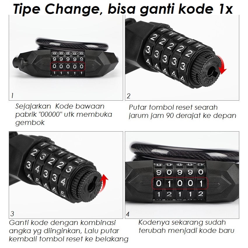 Gembok kunci rantai Sepeda / motor 4 angka digit pengaman helm kode