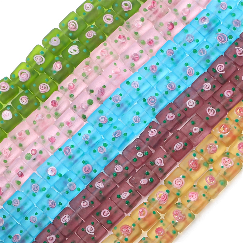 2pcs 12mm Manik-Manik Kaca Frosty Hand-Painted Lucu Bunga Square Charm Beads Untuk Kalung Gelang Anting DIY Membuat Perhiasan