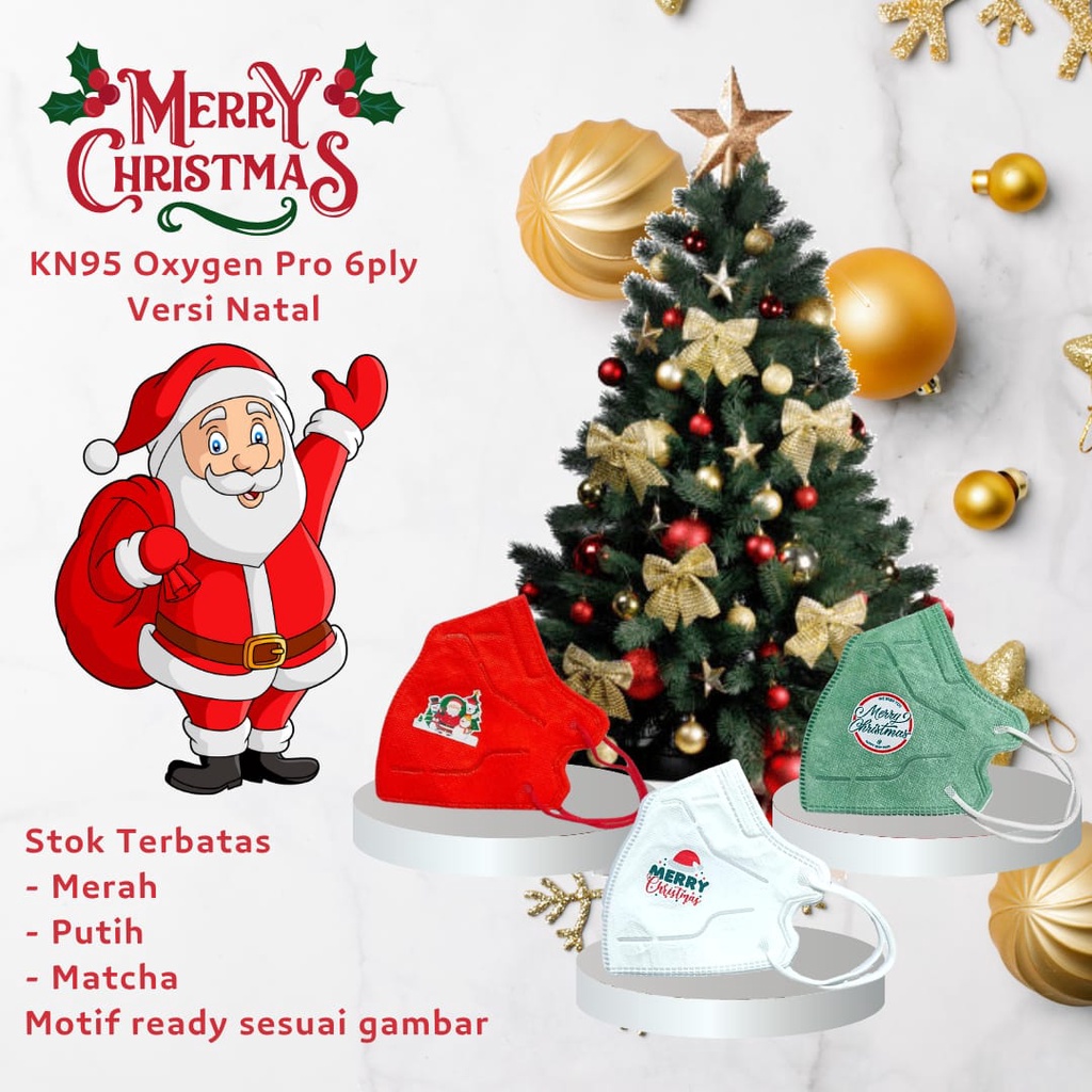 Masker KN95 Pro Natal Merk Oxygen Gambar Natal Merry Christmas