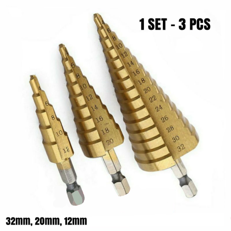 Mata Bor Pagoda Untuk Baja 3 Pcs Spiral Titanium HSS Steel Coated