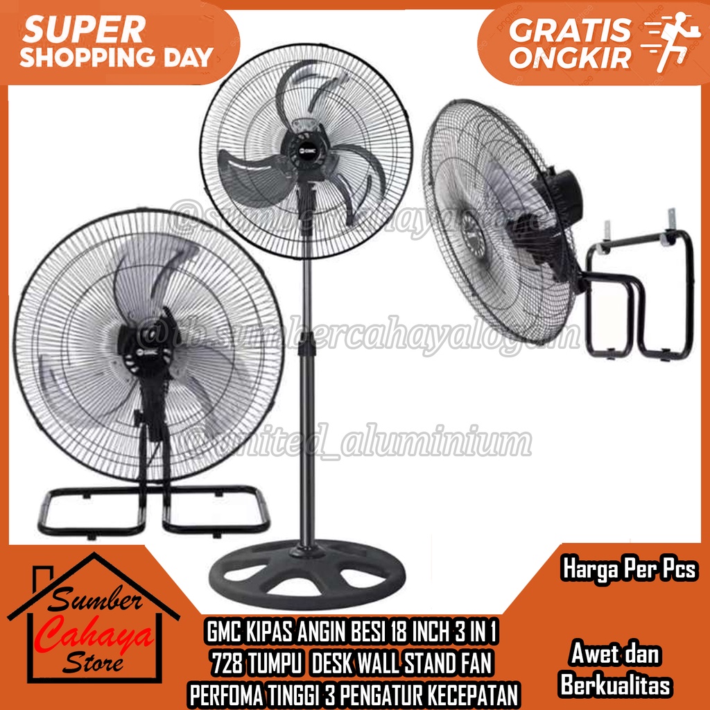 Gmc 18 Inch 3 In 1 Kipas Angin Besi 728 Tornado Bolang Baling Bakincir Kincir Berdiri Duduk Dinding 