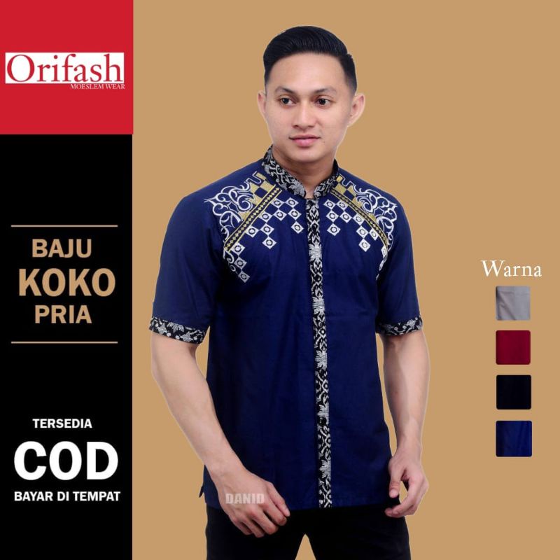 BAJU KOKO PRIA BORDIR LENGAN PENDEK KOMBINASI ATASAN MUSLIM DEWASA KATUN HALUS ADEM DAN TEBAL BERAGAM WARNA