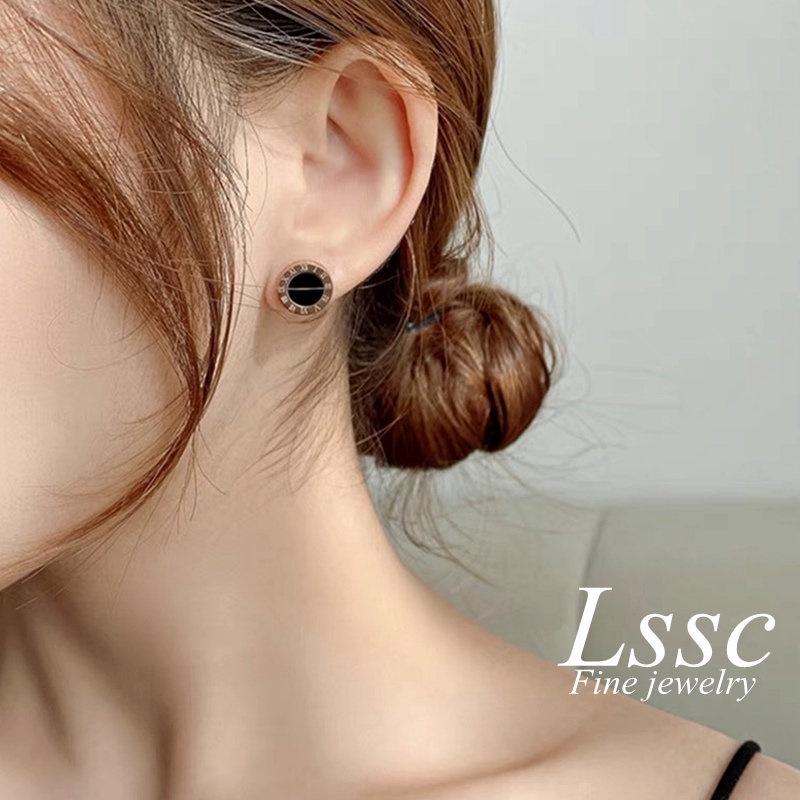 Anting Tusuk Titanium Romawi Bulat Hitam Anti Karat Emas 18K Perhiasan Wanita Fashion Korea