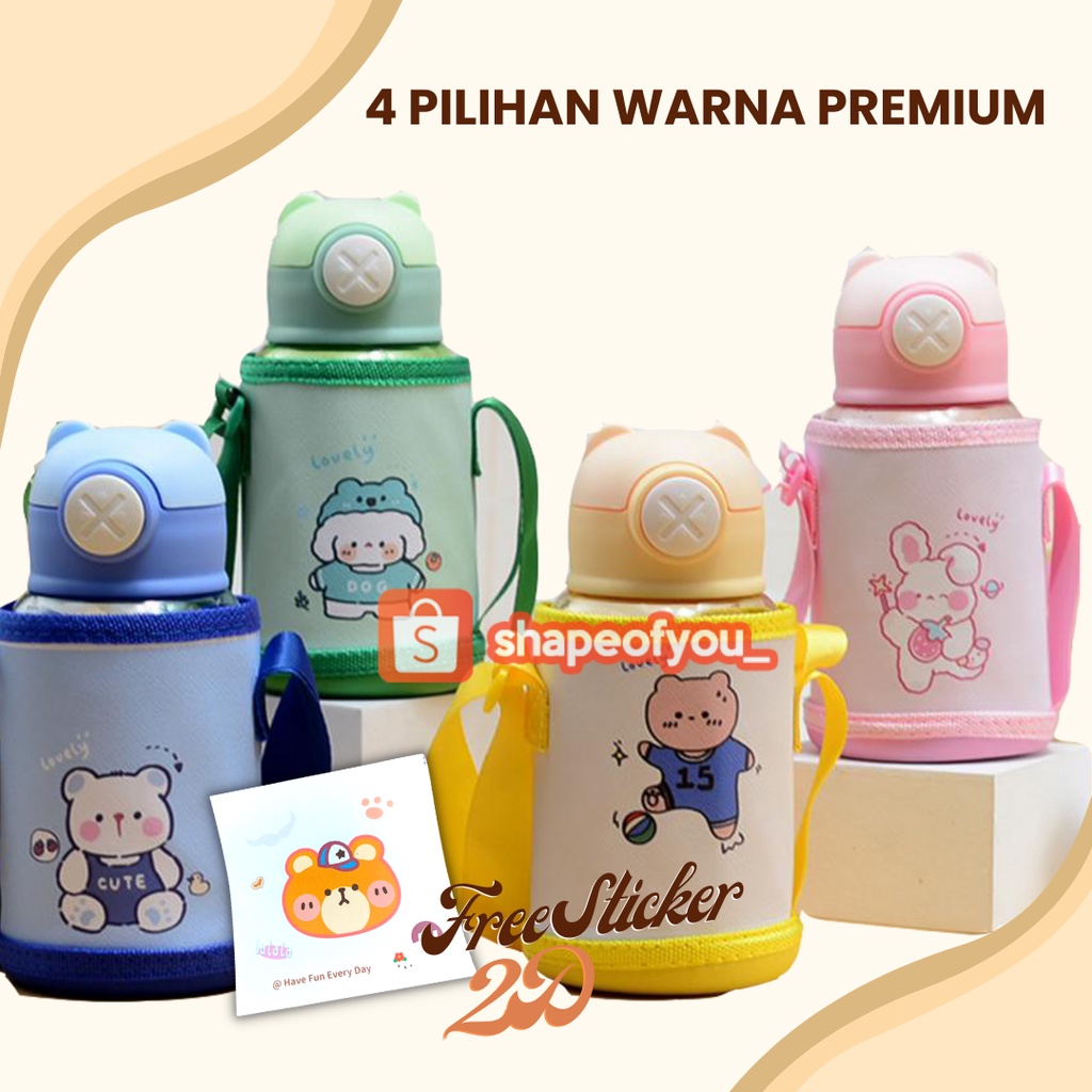 Botol Minum Anak Pouch Botol Anak Sedotan Tali Panjang 600ml Premium Bear Bottle Pink Biru