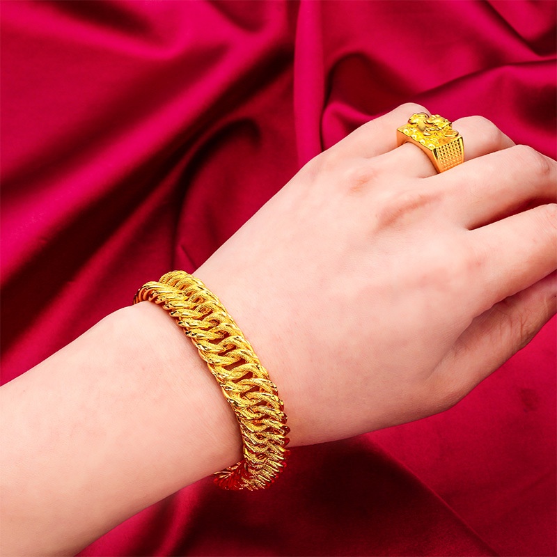 Goldkingdom Perhiasan Fashion Emas Asli Kadar 375 Bangkok Aksesoris Ready Stock Pria Berani Cincin Gelang Tepi Lebar Dipanjangkan Gelang Tebal