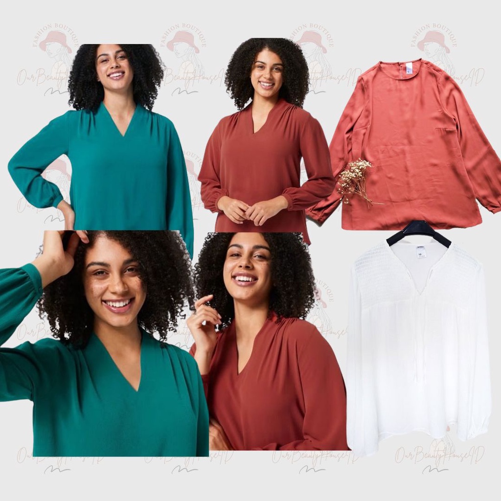 ANKO Blouse Wanita Pleatblouse Plain Coral Smocked Tieneck