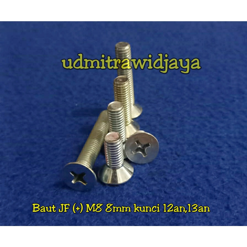 Baut Tirus Flat kunci 12 13 model JF + TIRUS panjang 1,5cm 2cm 2,5cm 3cm 4cm 5cm 6cm baut galvanis M8 8mm baut obeng kunci 12an 13an baut kupingan lampu baut pangkon lampu baut countersenk obeng (+) kunci plus ples baut variasi pagar