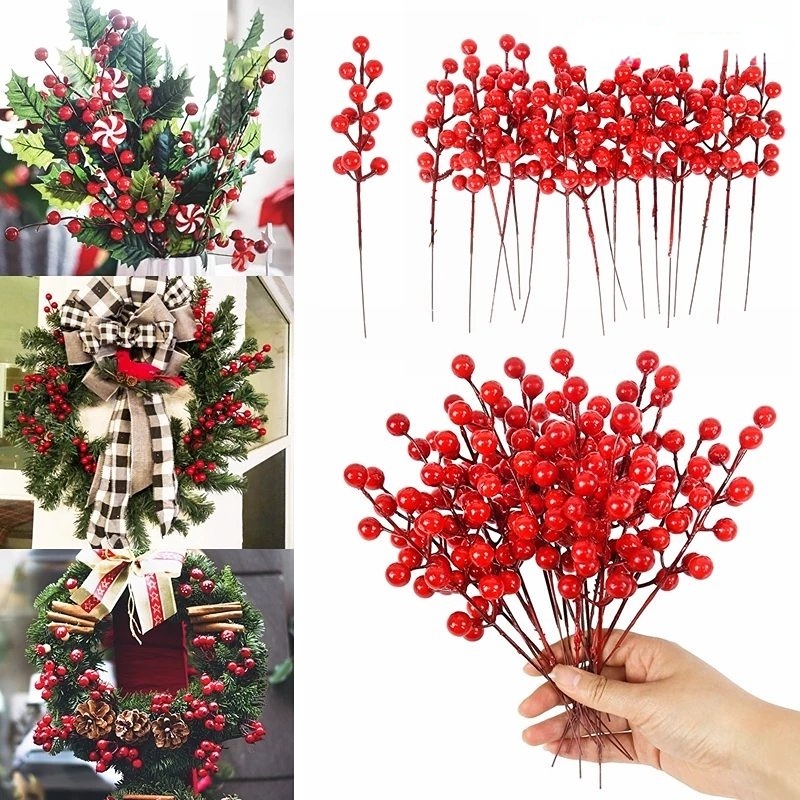 Tahun Baru Home Vas Red Holly Berries Flowers Artificial Flower Bouquet Christmas Decor DIY Garland Berry Bouquet Untuk Kantor, Hotel, Festival Natal Pesta Dekorasi Rumah