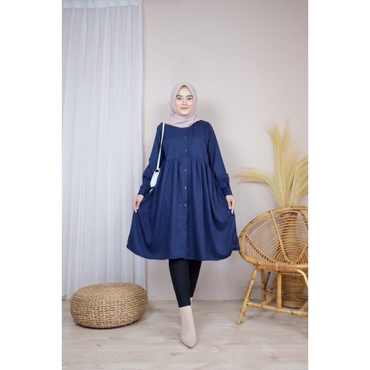 Nisa Baju Tunik Atasan Wanita Matt Rayon Twill Kain Adem Anti Gerah Rampel Motif Polos Mayung Lengan